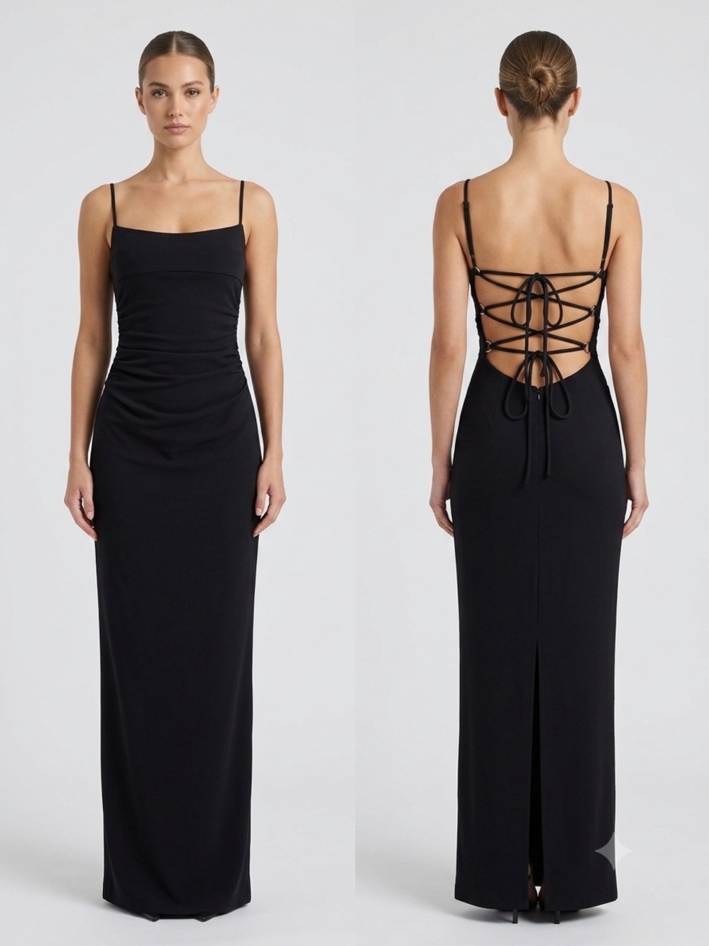 NWOT - Zara Black Ruched Open Lace-Up Back Maxi Dress Small
